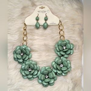 Statement Chunky Flower Rhinestone Necklace Set Mint Green Lobster Claw …